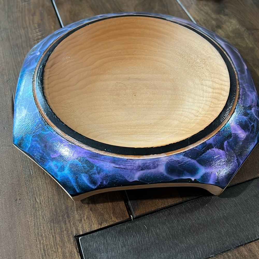 Handcrafted Wooden Bowl with Blue and Purple Accents - Picture 3 of 3